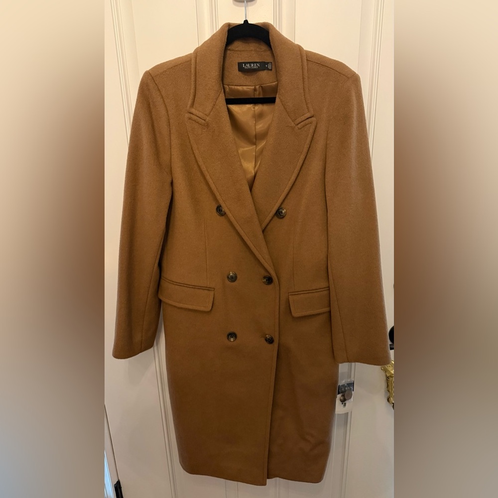 NWT Lauren Ralph Lauren Dark Camel Lined Double-Breasted Wool Coat